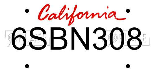 6SBN308 California License Plate