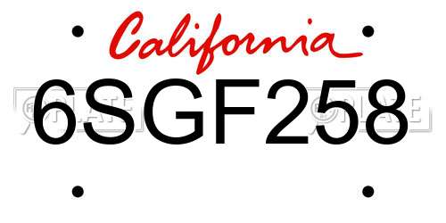 6SGF258 California License Plate