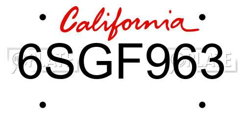 6SGF963 California License Plate