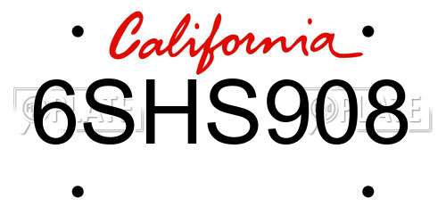 6SHS908 California License Plate