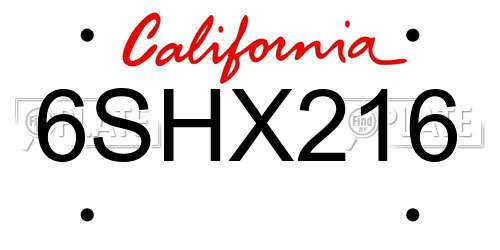 6SHX216 California License Plate