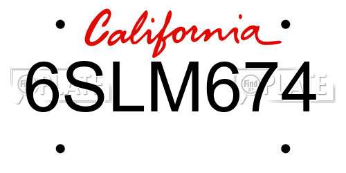 6SLM674 California License Plate