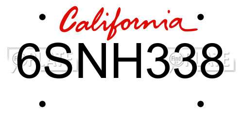 6SNH338 California License Plate