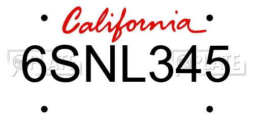 6SNL345 California License Plate