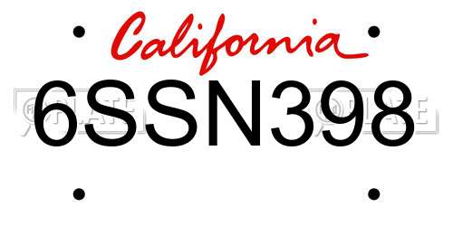 6SSN398 California License Plate