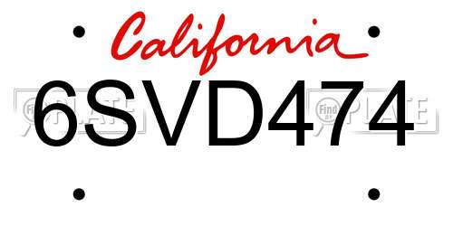 6SVD474 California License Plate
