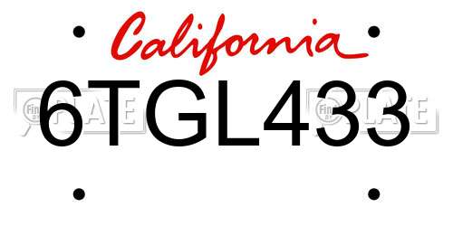 6TGL433 California License Plate