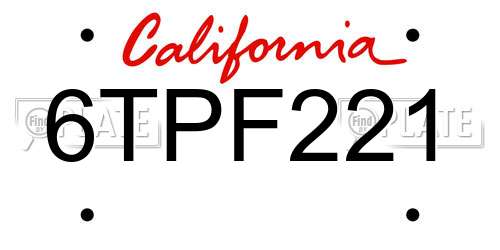 6TPF221 California License Plate