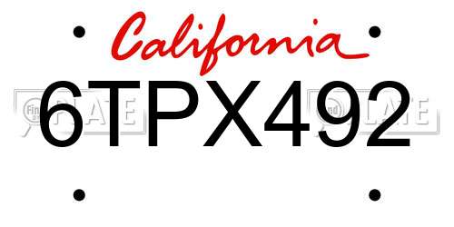 6TPX492 California License Plate