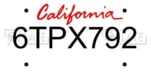 6TPX792 California License Plate