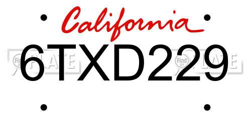 6TXD229 California License Plate