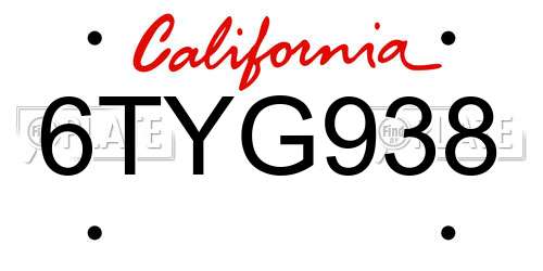 6TYG938 California License Plate