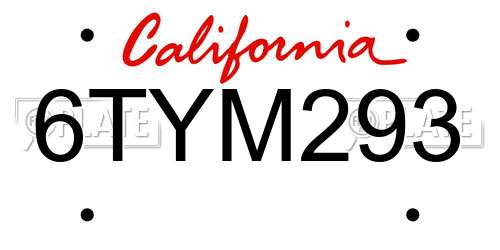 6TYM293 California License Plate