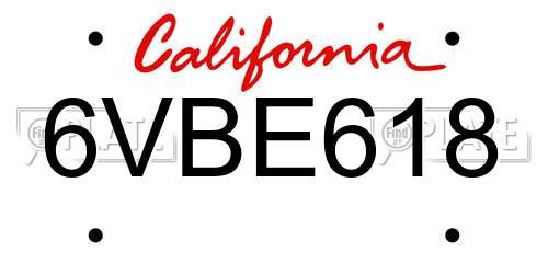 6VBE618 California License Plate