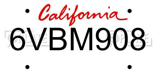 6VBM908 California License Plate