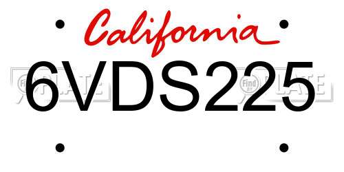 6VDS225 California License Plate