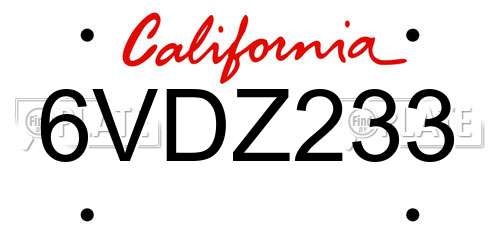 6VDZ233 California License Plate