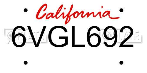 6VGL692 California License Plate