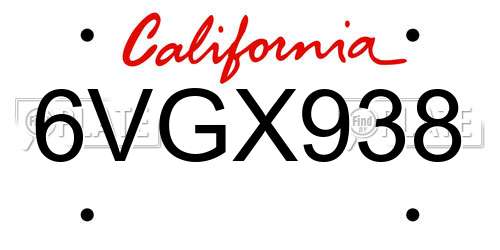 6VGX938 California License Plate