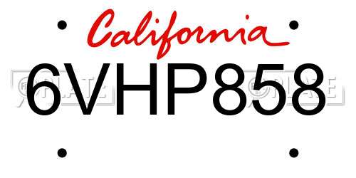 6VHP858 California License Plate
