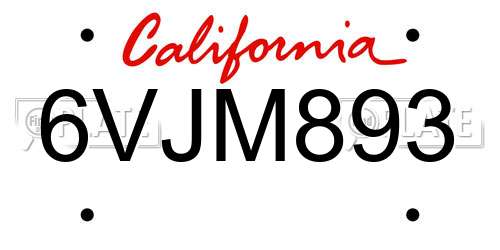 6VJM893 California License Plate
