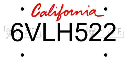 6VLH522 California License Plate