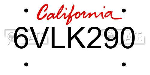 6VLK290 California License Plate