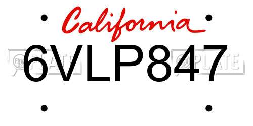 6VLP847 California License Plate