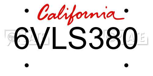 6VLS380 California License Plate