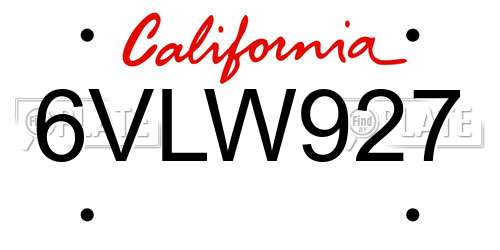 6VLW927 California License Plate