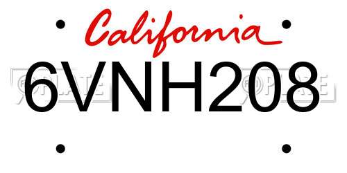 6VNH208 California License Plate