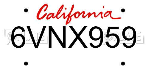 6VNX959 California License Plate