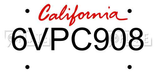 6VPC908 California License Plate