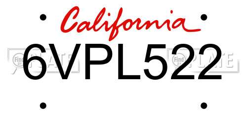 6VPL522 California License Plate