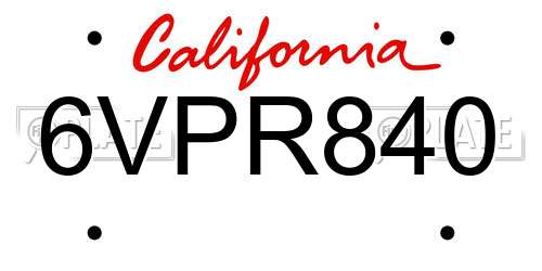 6VPR840 California License Plate