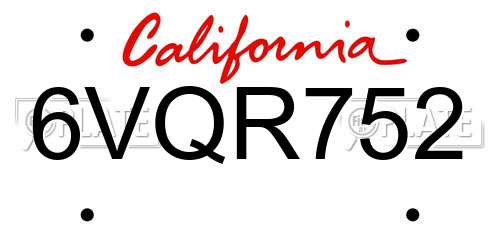 6VQR752 California License Plate