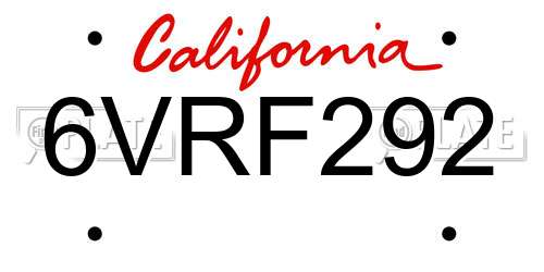 6VRF292 California License Plate