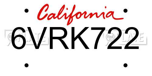 6VRK722 California License Plate