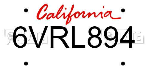 6VRL894 California License Plate