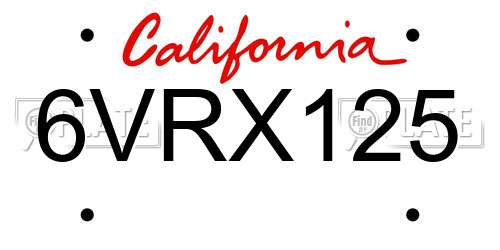 6VRX125 California License Plate
