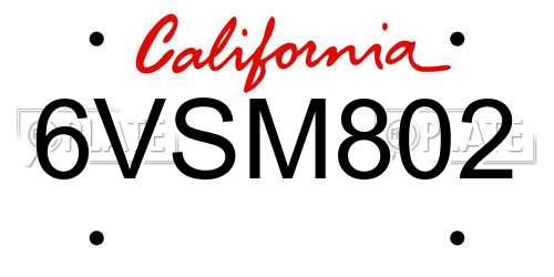 6VSM802 California License Plate