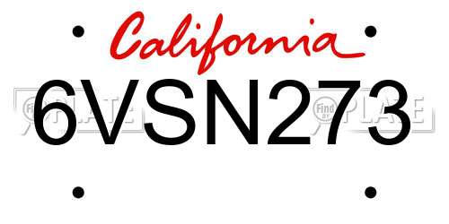 6VSN273 California License Plate