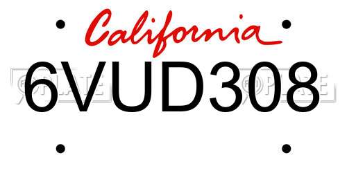 6VUD308 California License Plate