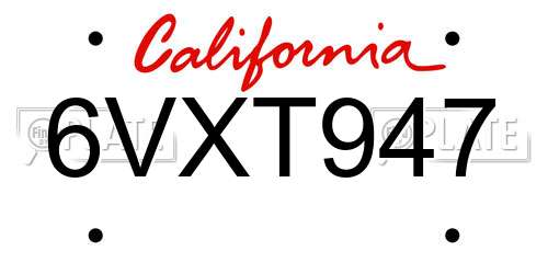 6VXT947 California License Plate