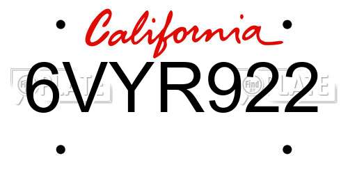 6VYR922 California License Plate