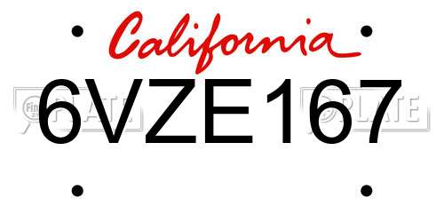 6VZE167 California License Plate