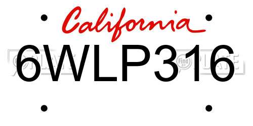 6WLP316 California License Plate