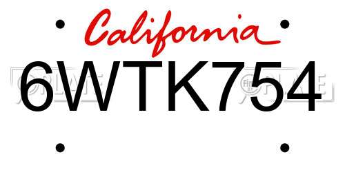 6WTK754 California License Plate