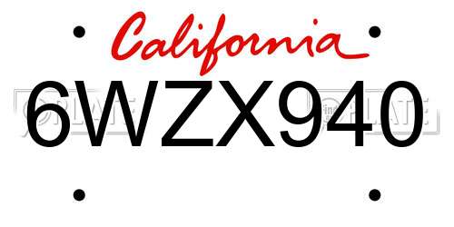 6WZX940 California License Plate