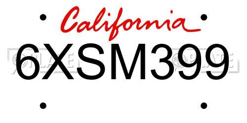 6XSM399 California License Plate